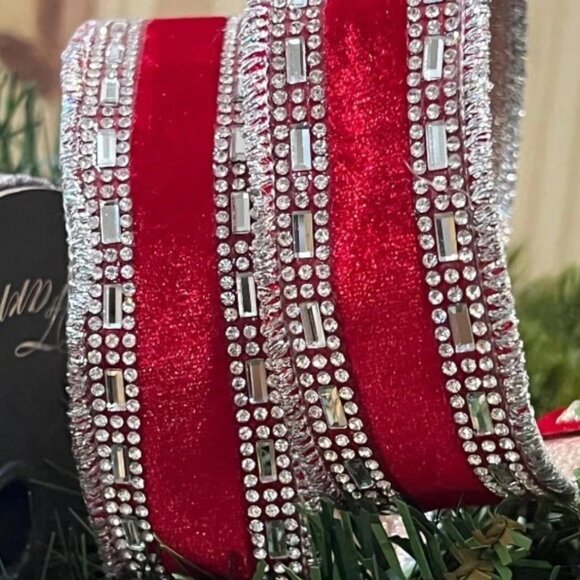 5 Yards, Red Velvet with Crystal Jewel Edge Trim Wired Christmas Ribbon - Picture 3 of 5